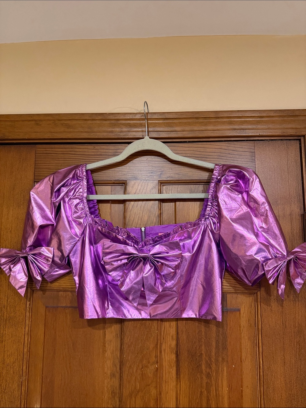 Sugar Thrillz Shimmering Lavender Metallic Puff Sleeve Crop Top